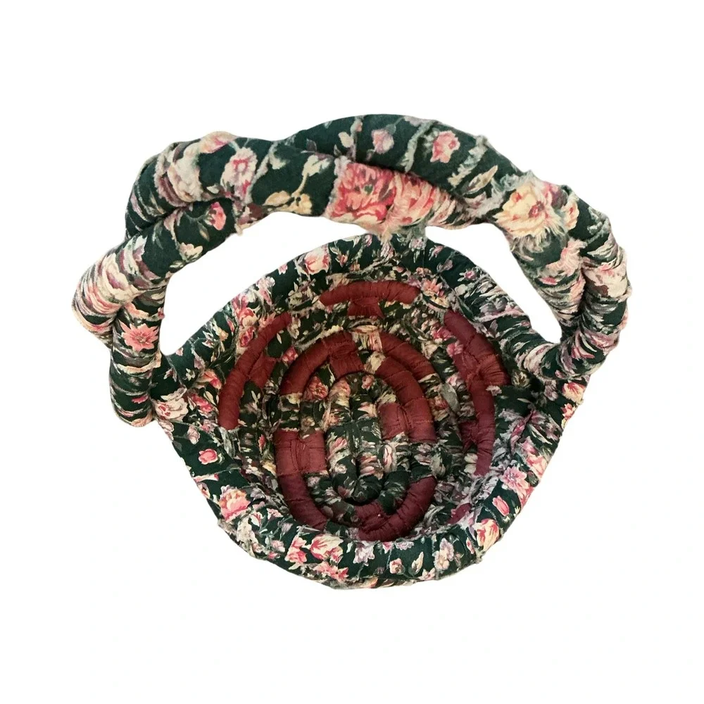 Handmade Vintage Coil Basket Twisted Floral Pink Green Burgundy‎ Cottagecore